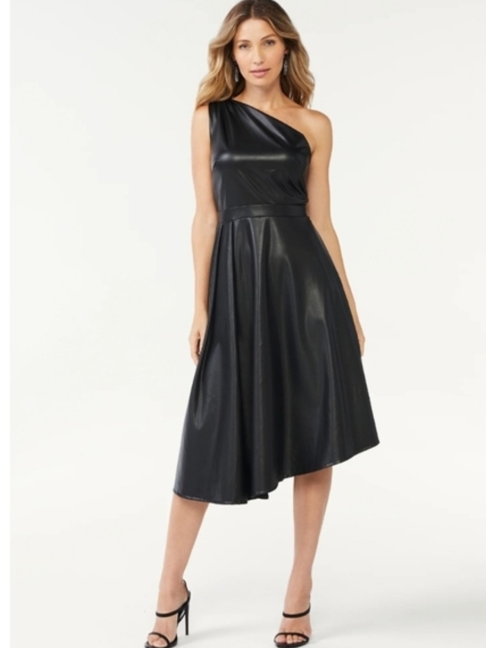 One-Shoulder Black Faux-Leather Midi Dress